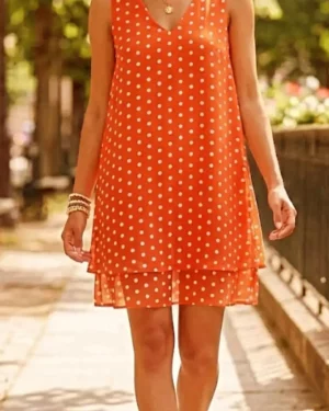 Robe Courte Corail à Pois Blanc