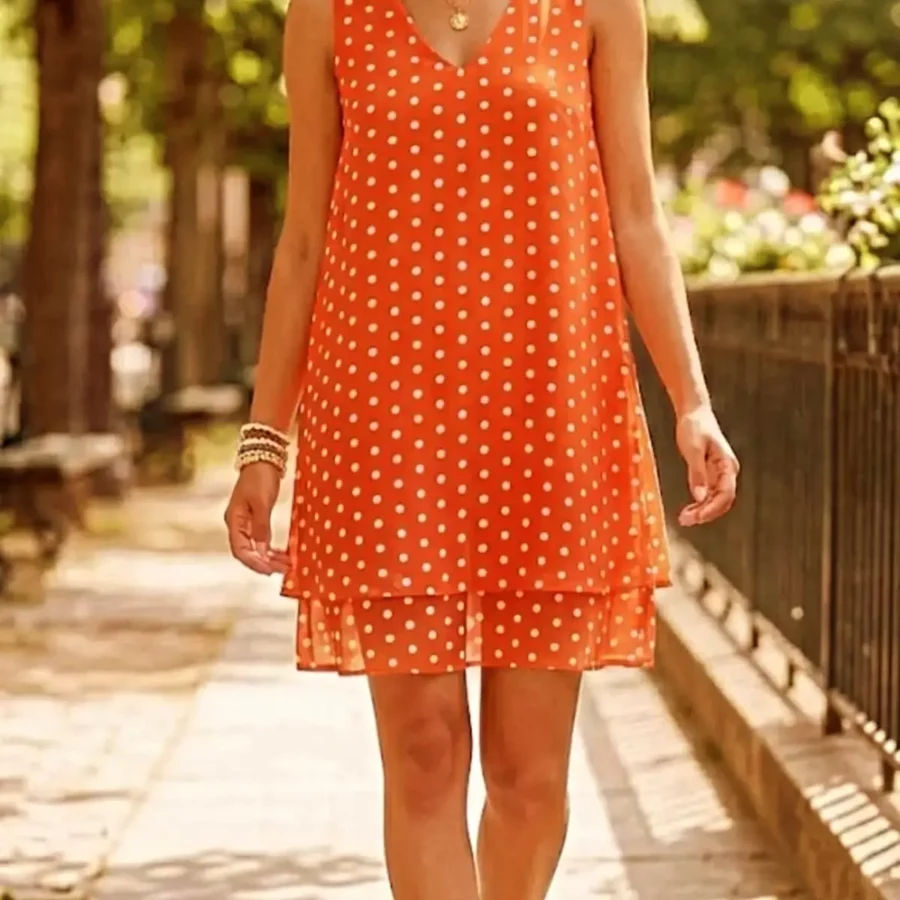 Robe Courte Corail à Pois Blanc