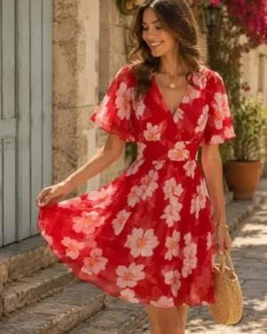 Robe Courte Élise Rouge Fleurie Robe Courte Élise Rouge Fleurie