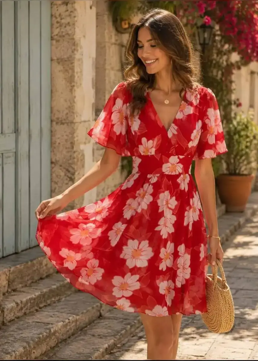 Robe Courte Élise Rouge Fleurie