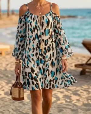 Robe Courte Ibiza Léopard Bleu